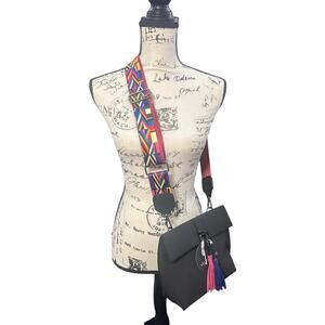 Black Crossbody Bag with Colorful Strap & Tassels - Style 0164